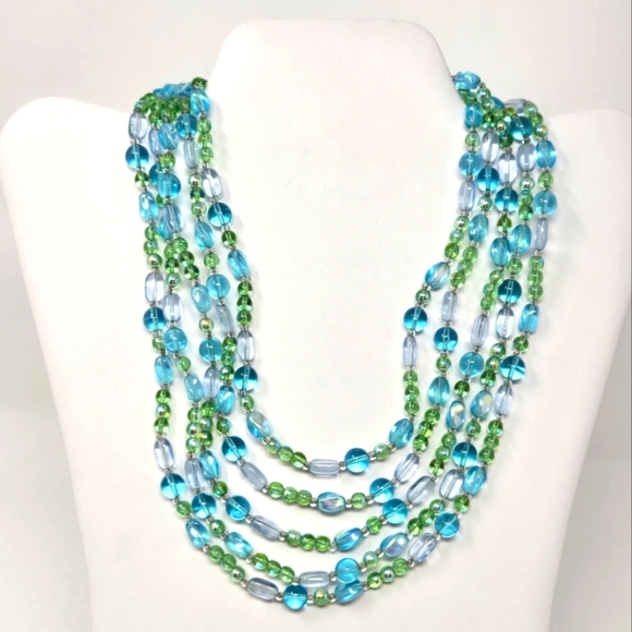 VINTAGE GIVENCHY FIVE STRAND BLUE GREEN GLASS BEAD NECKLACE SIGNED WOMEN JEWELRY